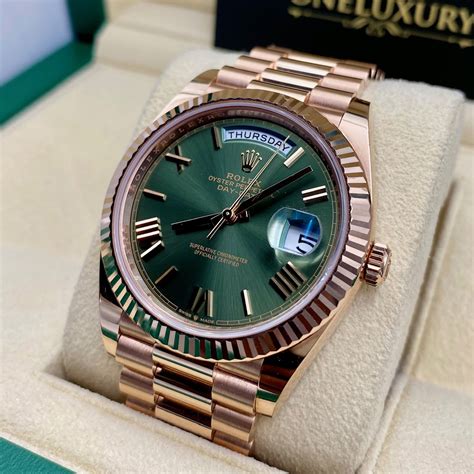rose gold day date green dial